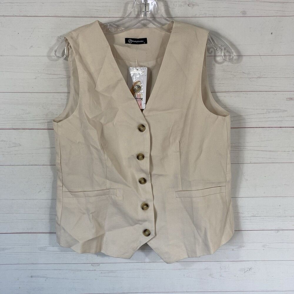 Pretty Garden Womens Button Front Lined Vest Top Size Small Ivory V-Neck New